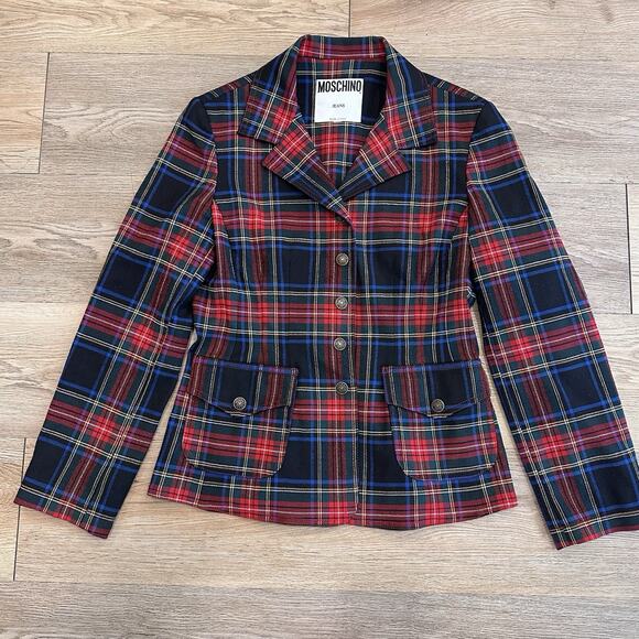 Vintage 90s Moschino Jeans Blazer Jacket Y2K Plaid Tartan Womens S/M Tweed EUC - Picture 1 of 14
